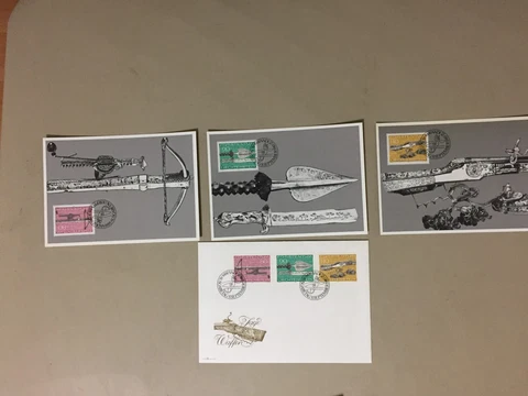 Set of four LIECHTENSTEIN HUNTING WEAPONS  fdc-three are maxi cards Cover