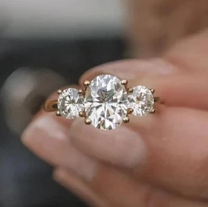 2.50ct Oval & Round Moissanite Three Stone Wedding Ring, Engagement Ring For Her - Picture 1 of 5