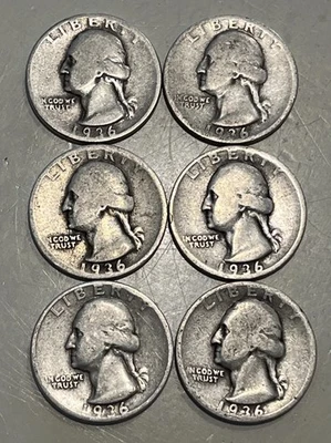 Six 1936-D Washington Silver Quarters ($1.50 Face Value) - Image 1 of 2