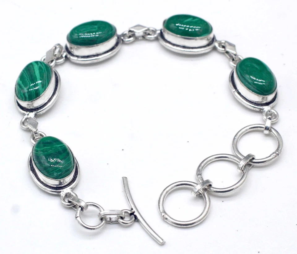 Brazalete de joyería de plata de ley 925 hecho a mano con piedras preciosas de malaquita verde tamaño-7-8" Foto 1 de 3