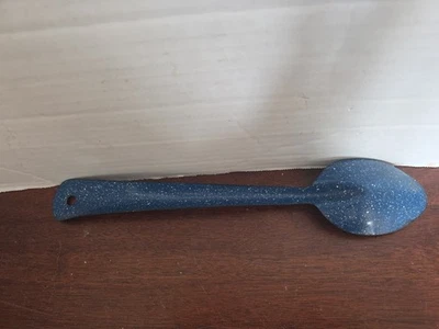 Vintage Spatterware Spoon Blue Speckled Enamel Stirring Serving Decor Enamelware - Image 1 of 2