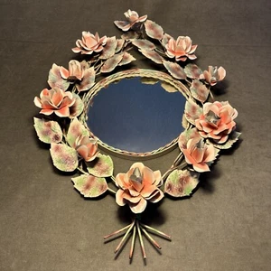 Vintage Italian Tole Metal Floral & Leaf Round Wall Mirror & Frame 27" x 17” - Picture 1 of 19