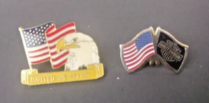 2- Vintage Harley Davidson Motorcycle Hat Lapel Pins Eagle Flag UNITED WE STAND - Picture 1 of 4