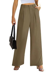 Womens Casual Wide Leg High Waisted Button Down Straight Long Trousers Pants - Picture 1 of 14
