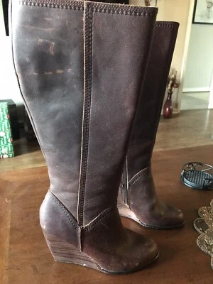 Ladies Fossil Brown Tall  Genuine Leather Riding Wedge Boots Sz 8.5 Side ZIP New - Image 1 of 4