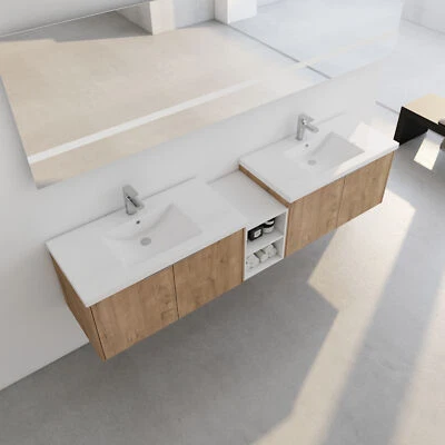 Mueble tocador de baño 2X 36" con fregadero de resina y estantes de almacenamiento pequeños de 12" roble Foto 1 de 4