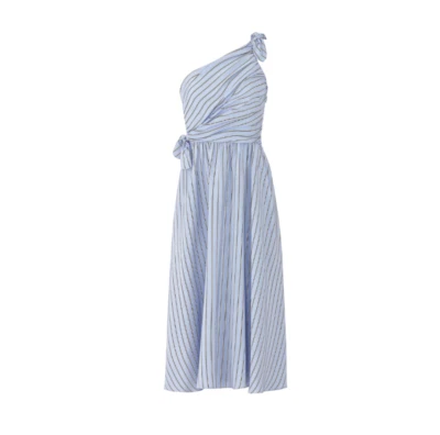 ALC Cabrera One Shoulder Midi Dress Womens 0 Blue Black Stripe Tie Detail A.L.C. - Image 1 of 4