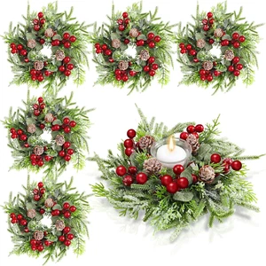 8 Pcs Christmas Candle Rings Wreath Norfolk Pine Garland Red Berry Pinecones Wre - Picture 1 of 7