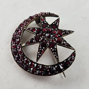Viktorianische Granat Brosche Anstecknadel Mond Stern in Messing [8561] - Bild 1 von 8