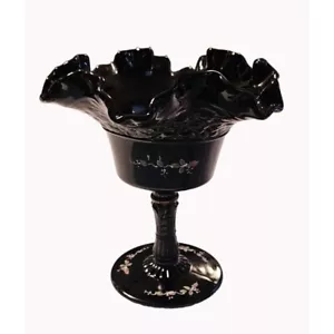 Vtg, 1980s Fenton Glossy Black Glass Compote Hand Painted Dark Moody Mystical - Picture 1 of 11