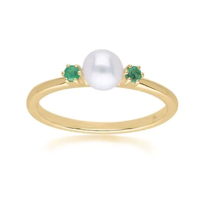 Modern Pearl & Round Emerald Ring in 9ct Yellow Gold - Image 1 of 2