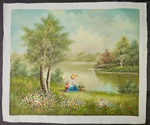 Landscape With Mother & Children and 6 Sunset Canvas Hand Painted Art Vintage - Picture 1 of 9