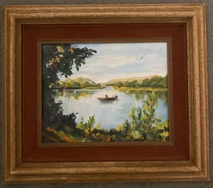 Original Vintage Ölgemälde Mann Angeln auf Boot Wasser See 13,5” x 15,5” - Bild 1 von 13