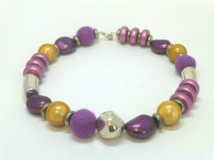 Halskette Collier Statementkette Holz Filz Glas Violett Silber UNIKAT  - Bild 1 von 9