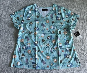 Koi Artists Scrub Top Women’s Sz 2X Green Purrmaids Planet Cat Nursing Medical - Picture 1 of 11