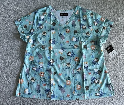 Koi Artists Scrub Top Women’s Sz 2X Green Purrmaids Planet Cat Nursing Medical - Image 1 of 4