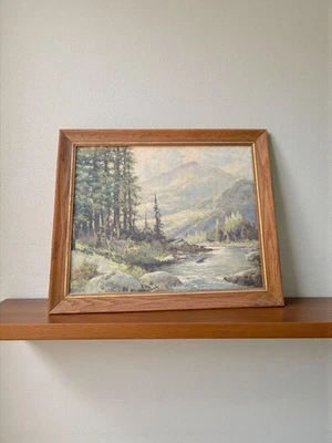 Vintage Robert Wood Vintage Framed Canvas Print-Mountain Stream-Signed  MCM 23" - Image 1 of 4