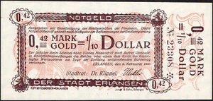 0,42 marcos de oro = 1/10 dólar 1923 - dinero de emergencia ERLANGEN - Serie:23308 - UNC - #A12 - Imagen 1 de 4