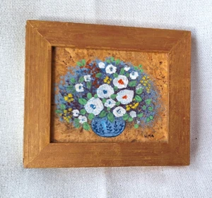 Miniature Framed Original Painting Floral Bouquet Blue Vase Signed LIMA 4.5"x5" - Picture 1 of 6