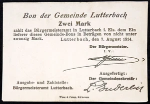 Only 1 Known! LUTTERBACH 1914 2 Mark Early WWI German Notgeld France - Picture 1 of 2