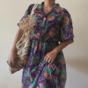 Vintage Chiffon Semi-Sheer Floaty Purple Floral Print Midi Shirt Dress UK 14 - Picture 1 of 6