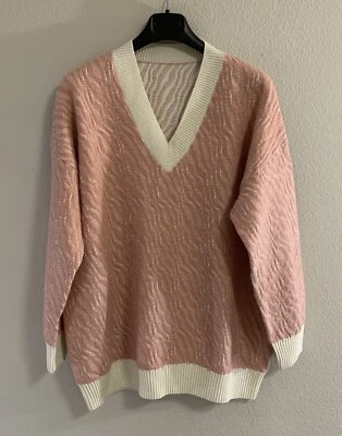Suéter para mujer J.ING grande L mezcla de lana tejido ondulado cuello en V rosa marfil Foto 1 de 4