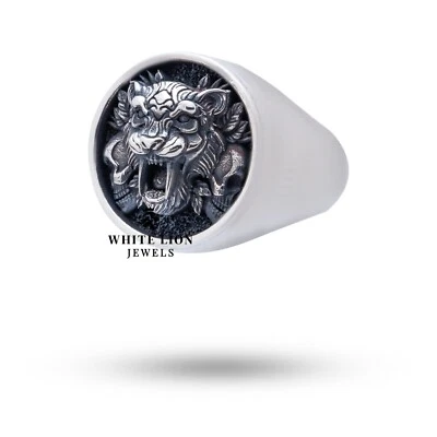 Sciabola Dentato Tigre Teschi Animale 925 Argento Sterling Biker Rider Ring Gift - Immagine 1 di 4