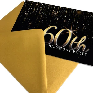 60th Birthday Party Invitations with Gold Envelopes - Premium invites - 1-100pk - Picture 1 of 7