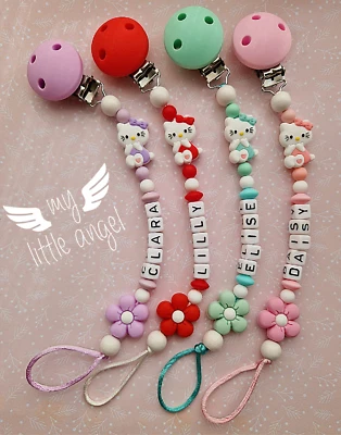Personalisierter Silikon-Dummyclip ❤ Hello Kitty Mädchen/Junge Schnullerclip MAM Blume