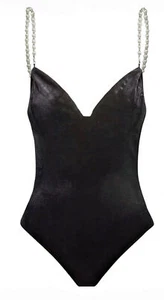 DAMEN ABNEHMBARE PERLEN SCHULTER SCHWARZ SAMT BODY TOP Gr. 6-14 - Bild 1 von 4