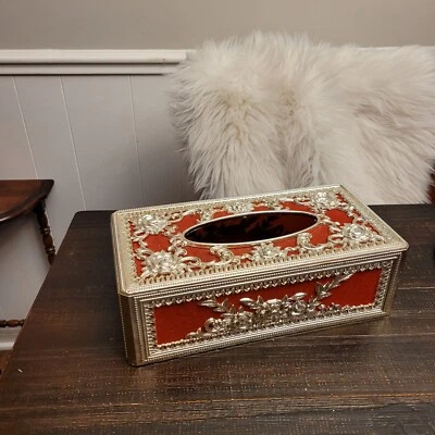 Vtg Hollywood Regency Tissue Box Cover Gold Plastic & Red Velvet Boudoir Kitsch - Image 1 of 3