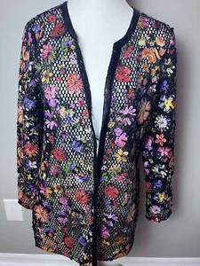 Simon Chang Floral Over Mesh Blazer Jacket Size 6 3D Flowers Black - Picture 1 of 6