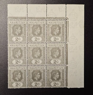 Mauritius 1938 KGVI 2c Sc 211. SG 252 Olive-Gray MINT CORNER BLOCK of 9 MNH  - Image 1 of 4
