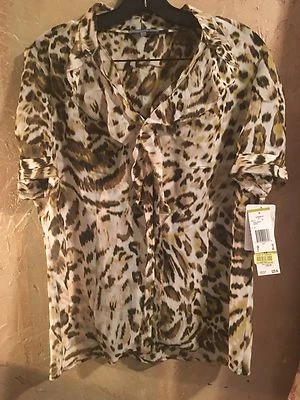 Nova Blusa Feminina Anne Klein Tamanho 14 Estampa de Animais Decote Babado Fino - Imagem 1 de 4