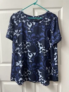 Ann Taylor Factory Semi Sheer Blouse Women XL Black Blue Geometric Career Office - Picture 1 of 6