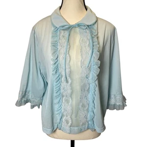 Vintage Women's Bed Jacket Medium Light Blue Ruffles Lace Trim Nylon Lingerie  - Picture 1 of 12