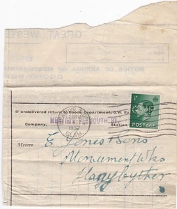 1937 EVIII ½d GREEN GWR PERFIN STAMP ON WESTERN RAILWAY Co LETTER MERTHYR TYDFIL - Picture 1 of 3