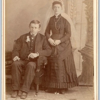 c1880s Molilne, ILL Newlywed Man Woman Veil Wedding Cabinet Card Photo Jones B5 - Image 1 of 3