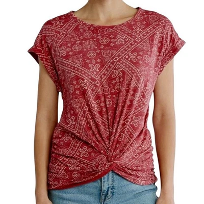 Lucky Brand L Red Bandana Print Twist Hem Tee Dolman Sleeve Boho T Shirt - Image 1 of 4