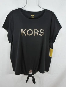 Michael Kors Women's Blouse 3X Black Studded MK Kors Logo Tie Hem Shirt Top NWT - Picture 1 of 10