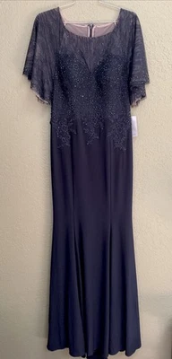 NUEVO CON ETIQUETAS NORDSTROM Xscape Mujer 8 Azul Marino Adornado Cuello Transparente Vestido Formal Vestido Foto 1 de 4