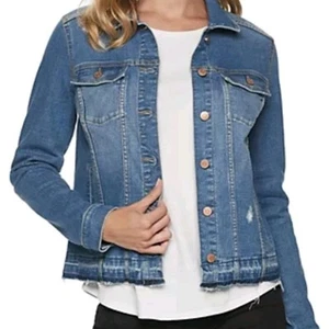 Sonoma Women's Denim Stretch Jacket Button Front Raw Frayed Hem Blue Size M New - Picture 1 of 7