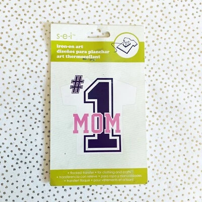 S.E.I. Iron On Art “#1 MOM” Flocked Transfer, Pink, Approximately 3” x 4” - Image 1 of 3