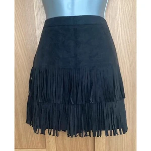 Hollister - Black Suede Style Tiered Fringe Short Mini Skirt - US S UK 8 - Picture 1 of 4