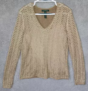 Maglione Ralph Lauren LRL manica lunga scollo a V maglia aperta foderato oro metallizzato taglia M - Foto 1 di 12