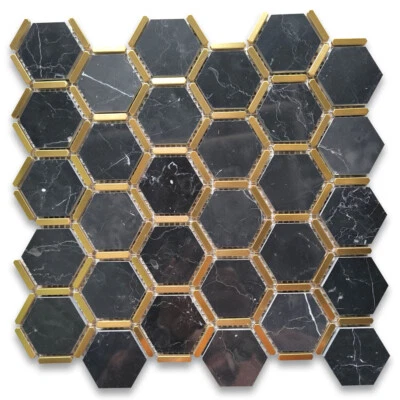 N328XP Nero Marquina Mármol Negro Hexágono Mosaico Azulejo Tiras de Latón Pulido Foto 1 de 4