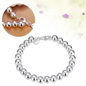 Women Fashion Jewelry 925 Silver Color 8mm Bead Bangle Bracelet 18-8 - Picture 1 of 9