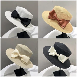 Women Summer Flat Top Straw Hat Wide Brim Satin-bow-Ribbon Decor Beach Sun Cap - Picture 1 of 15