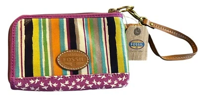 Cartera Muñequera Fossil Púrpura Rayas Pájaros Recubierta Lona Cuero Borde Mujer Nueva con Etiquetas Foto 1 de 4