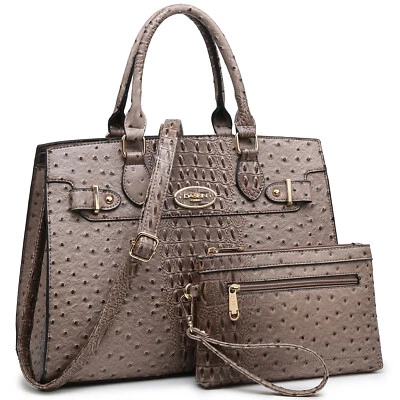 Women Classic Ostrich Embossed Fau Leather Handbag with Wristlet Shoulder Purse  - Image 1 of 4